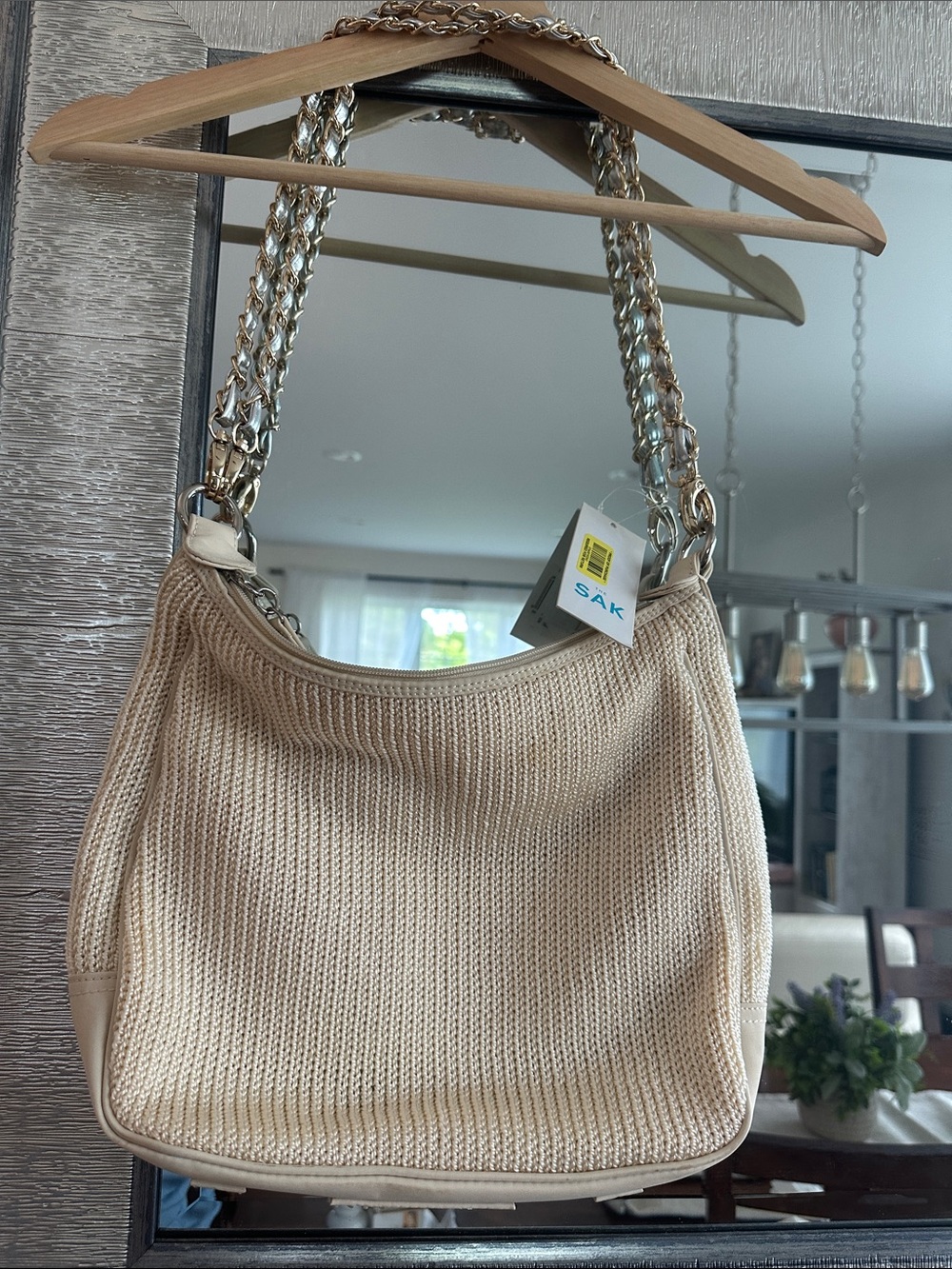 The Sak Cream Knit Shoulder Bag with Gold Chain Handles